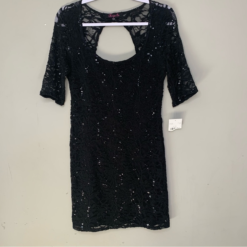 Women’s Juniors Reign On Black Lace Sequins Dress Size Large NWT